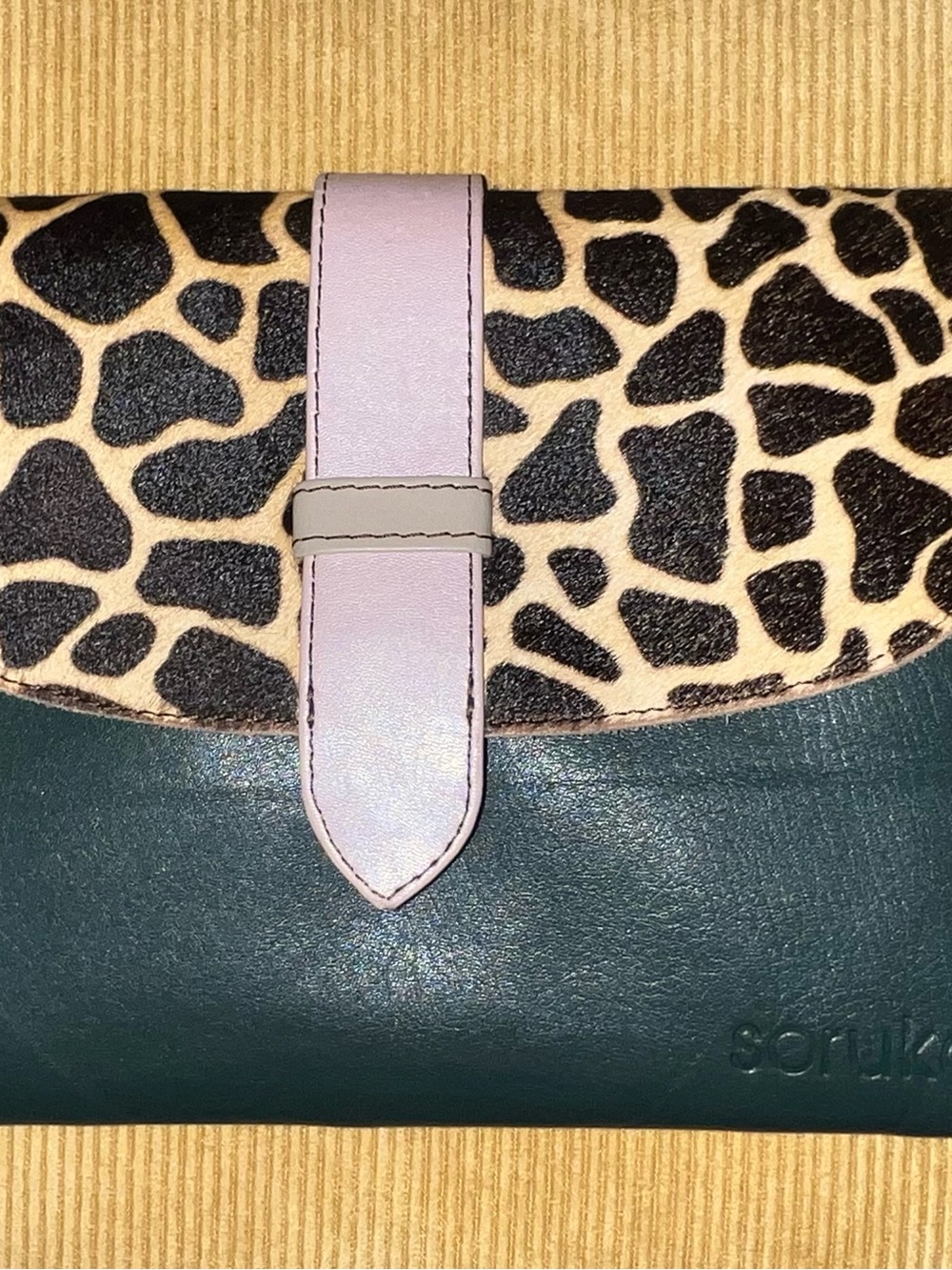 Soruka Green Leather Clutch with Giraffe-Print Flap and Pink Strap
